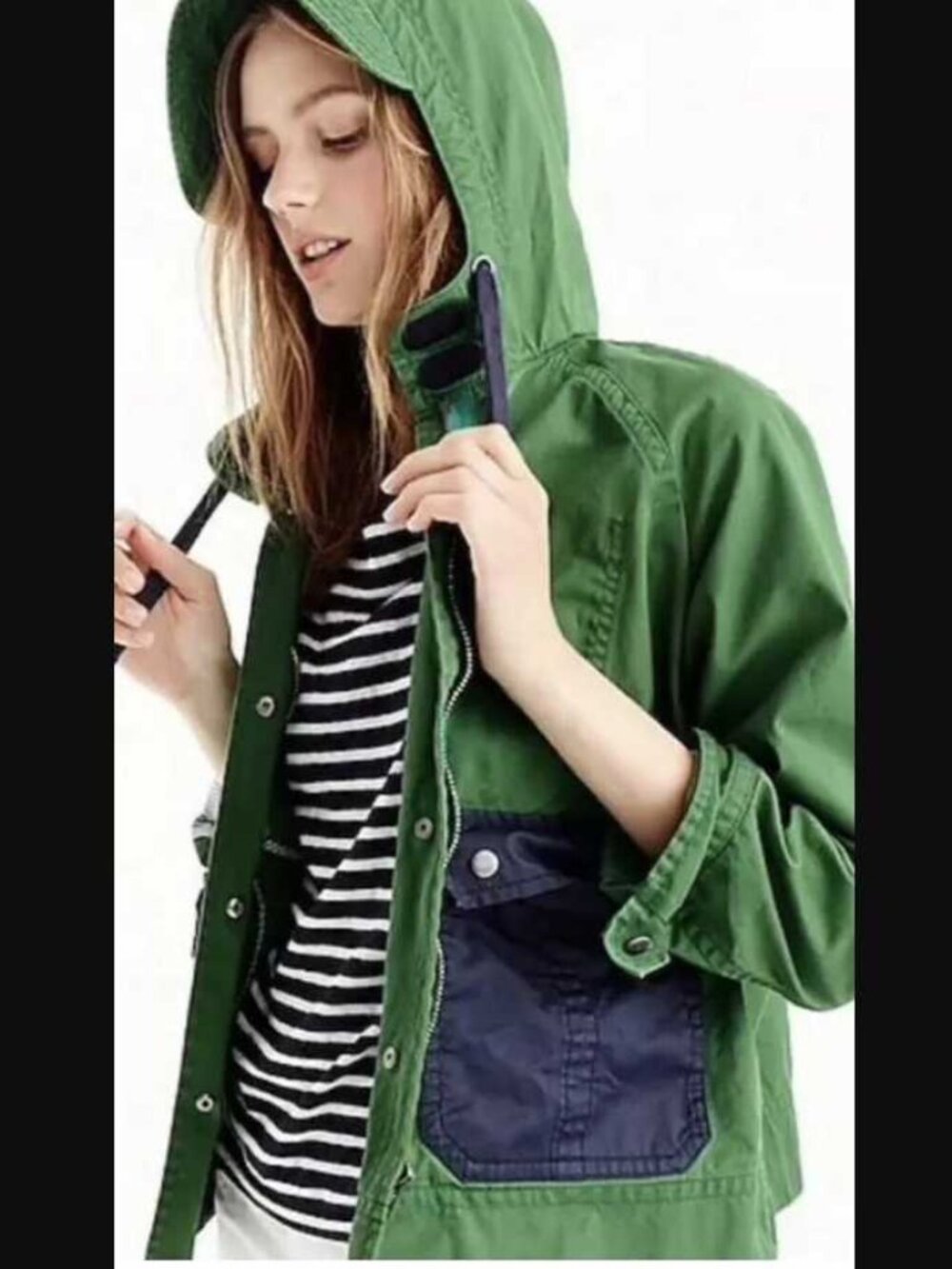 New XL J.Crew colorblock waxed cotton jacket rain coat Dark Green Pine